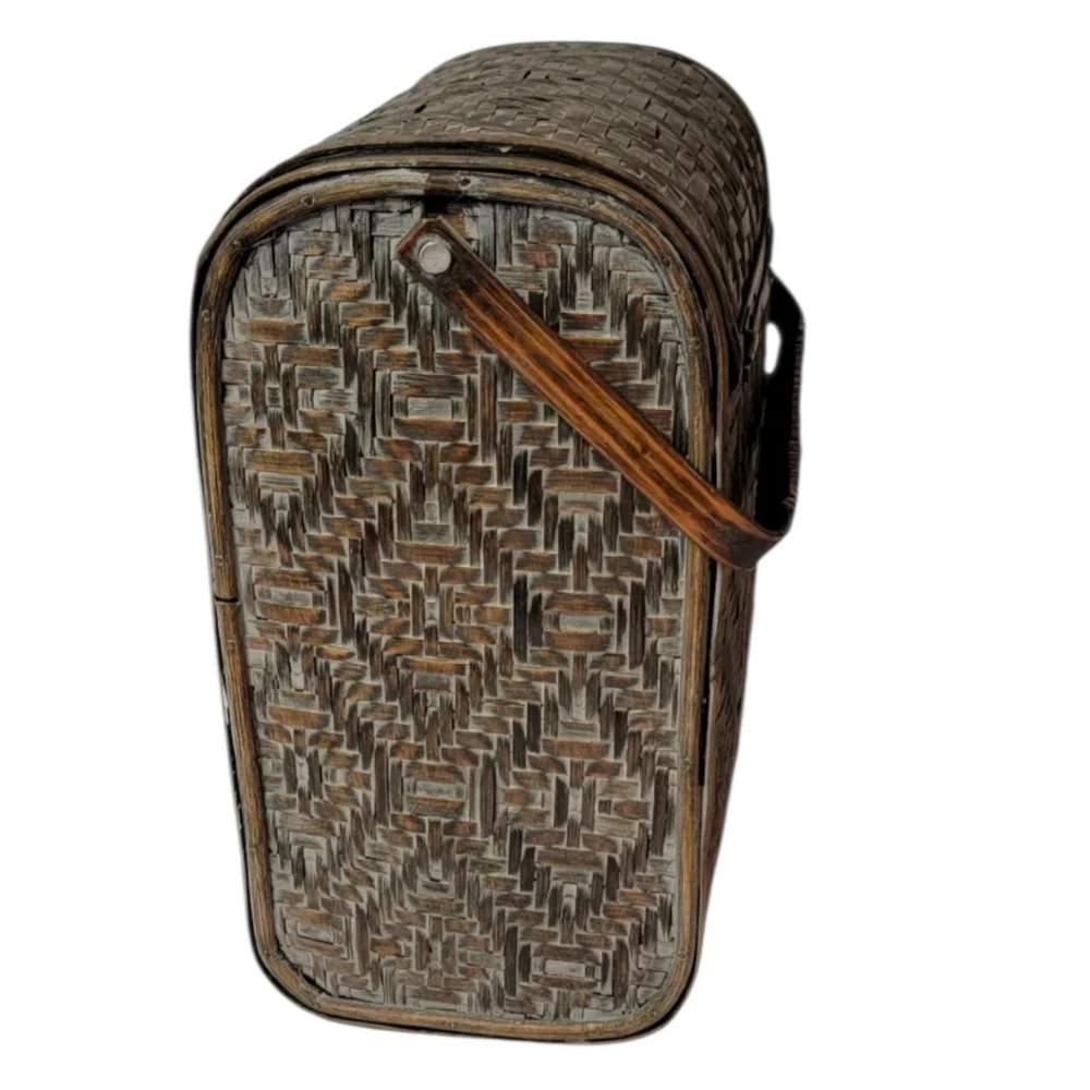 Vintage Geometric Wicker Wood Treasure Chest Basket Purse Bag Hinged Lid Latch